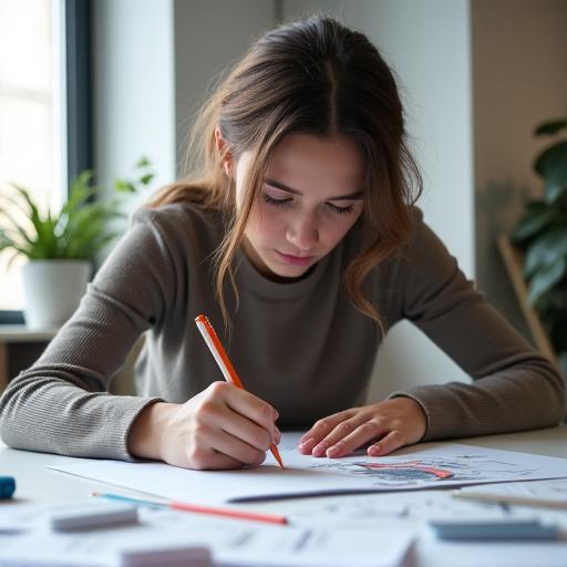Estudiante trabajando en dibujo creativo